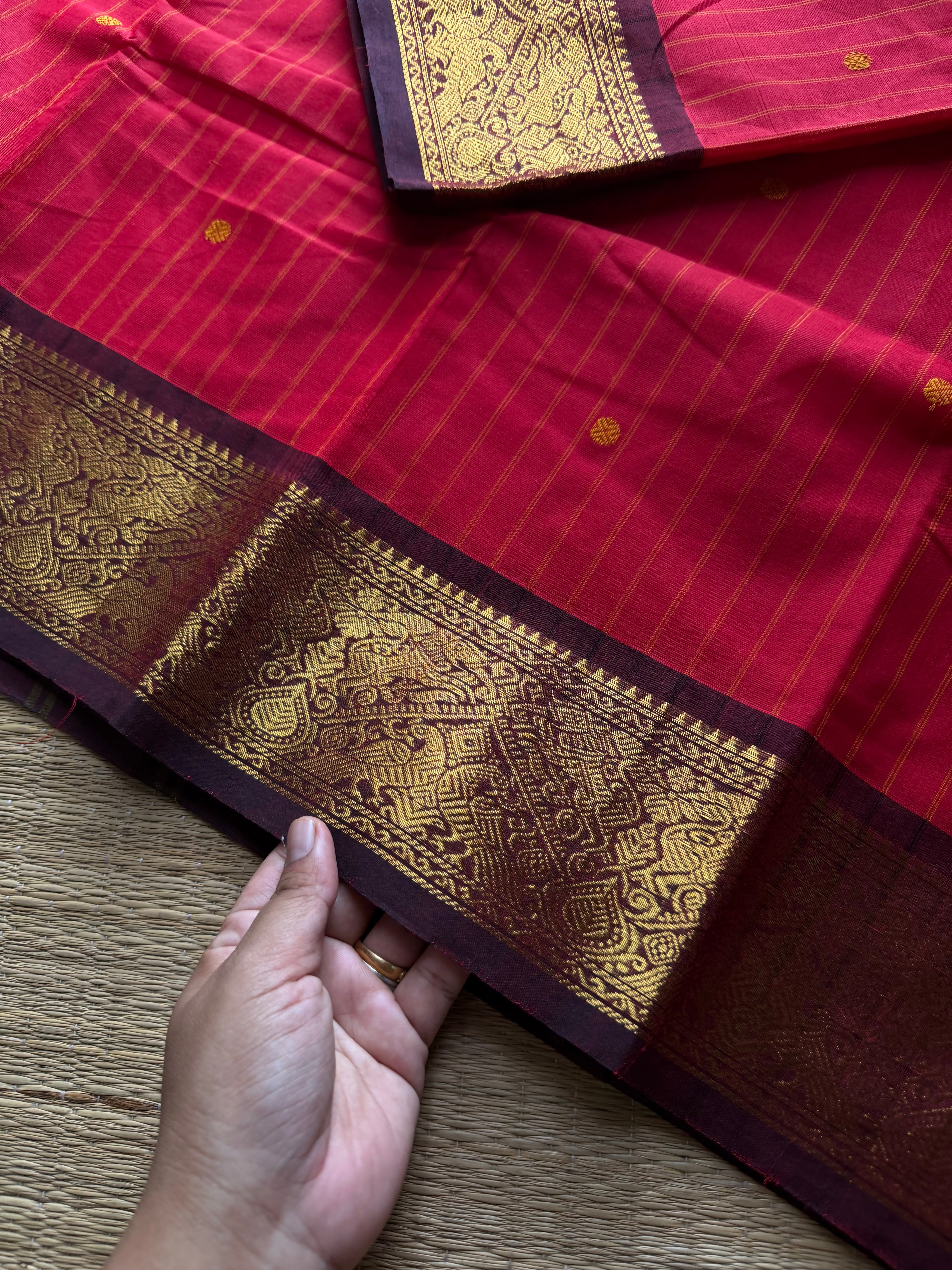 RF1260 Chilli red with brown ~ Premium Kanchi cotton saree with Vanasingaram border and handmade thread buttas
