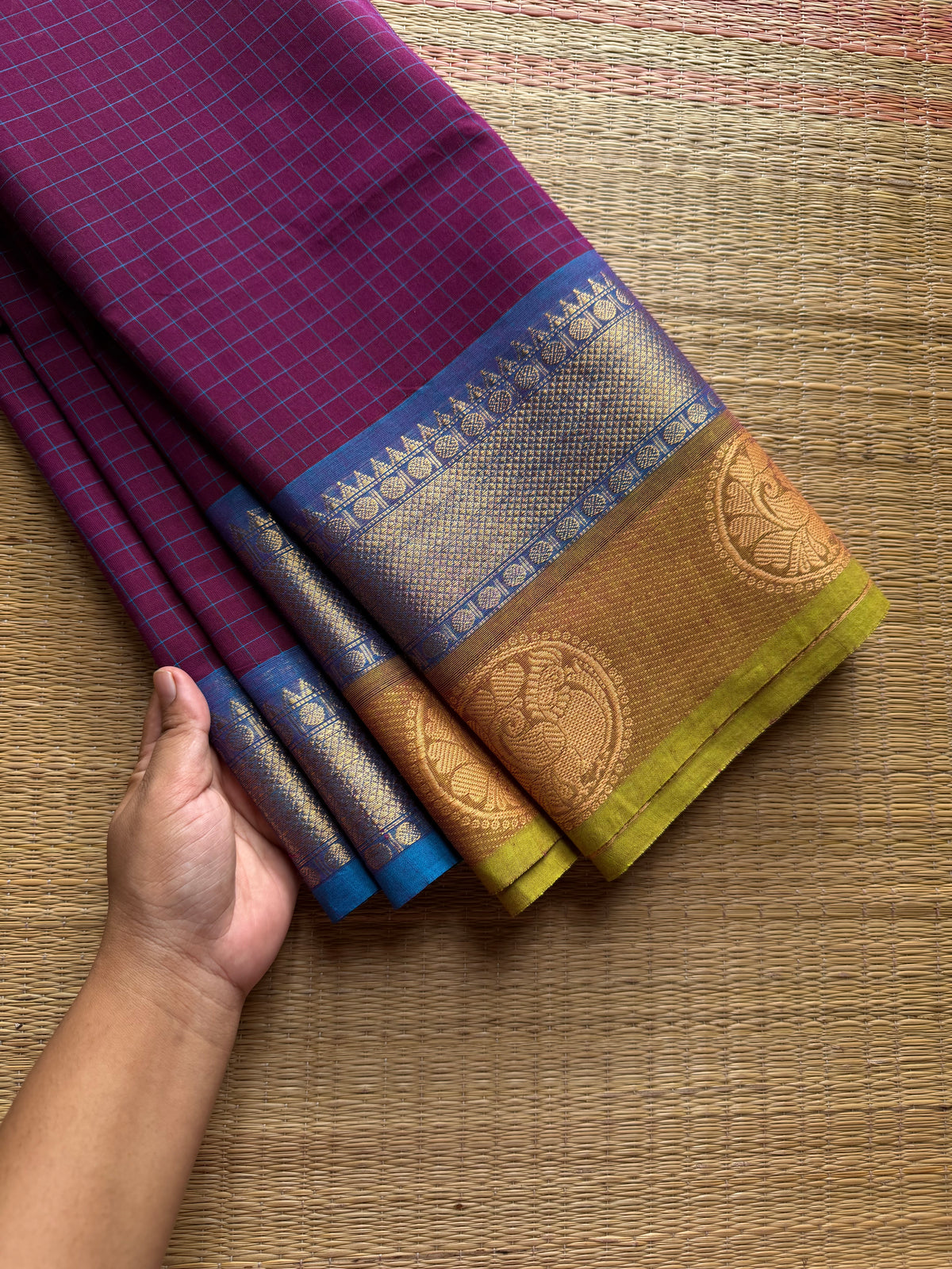 RF1187 Kattam edition ~ Dual tone Purple shade checks pattern Kanchi cotton saree