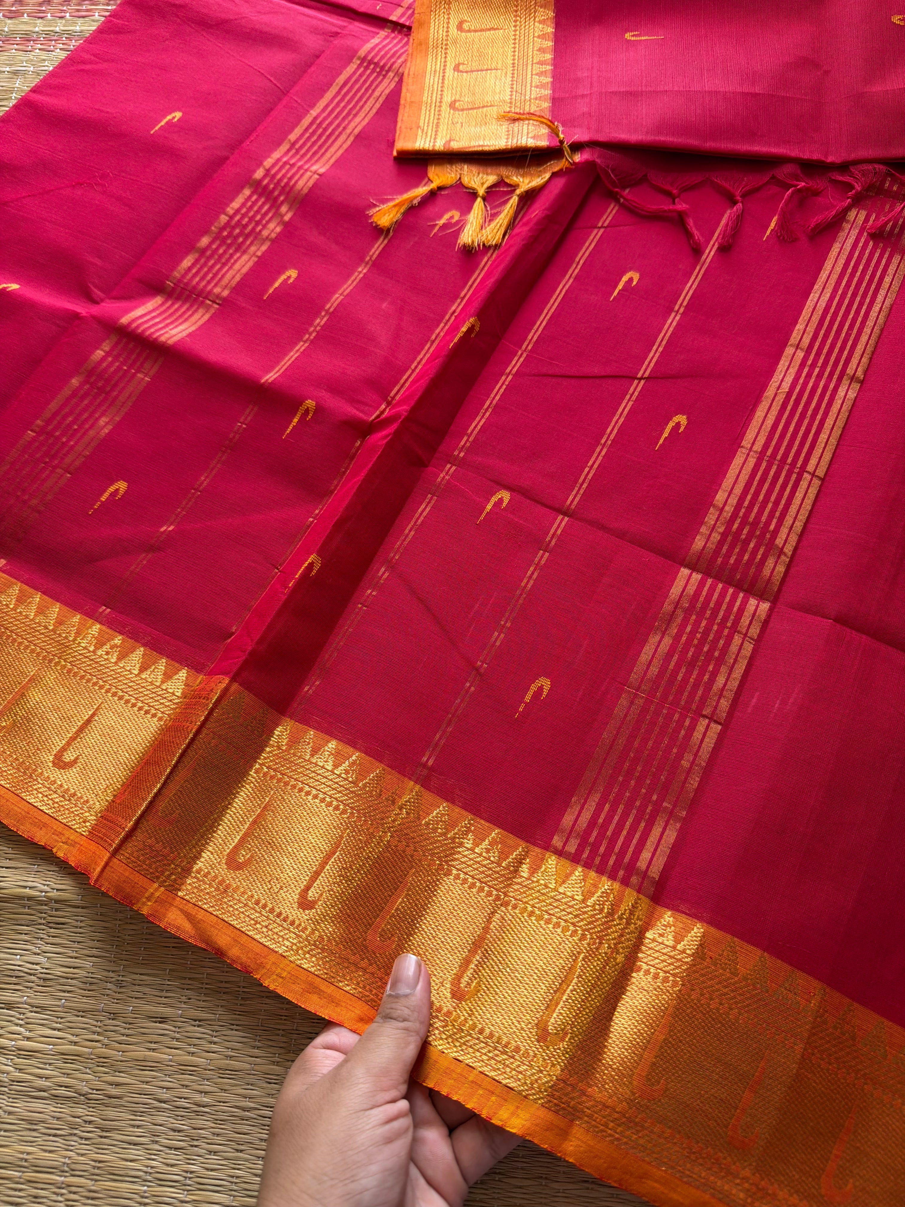 RF350 Reddish Pink shade silk saree inspired paithani border Kanchi Cotton Saree with contrast orange border and handmade Buttas