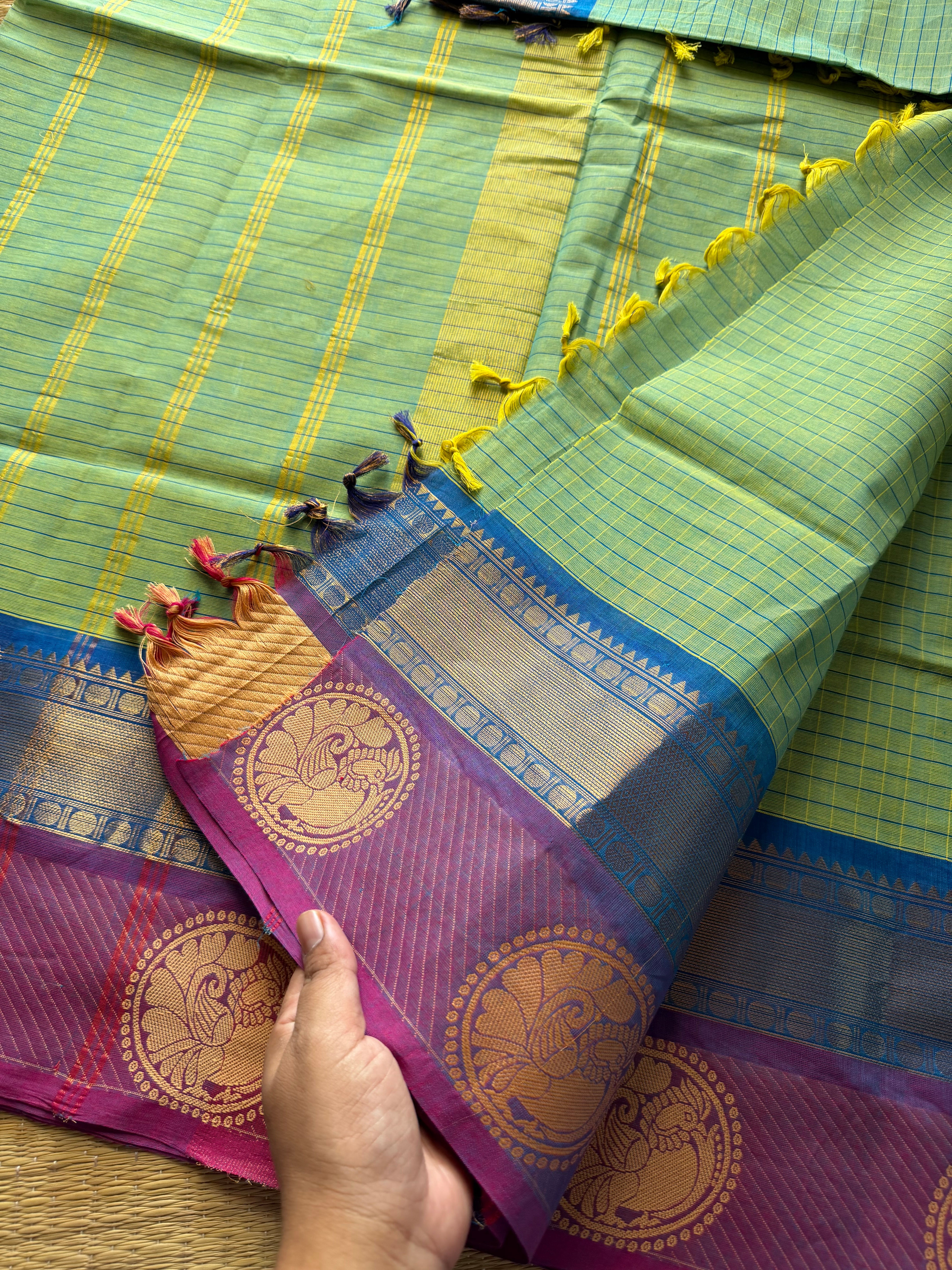 Dual tone Apple green shade Kattam / checks pattern Kanchi cotton saree with unique Annam pattern border