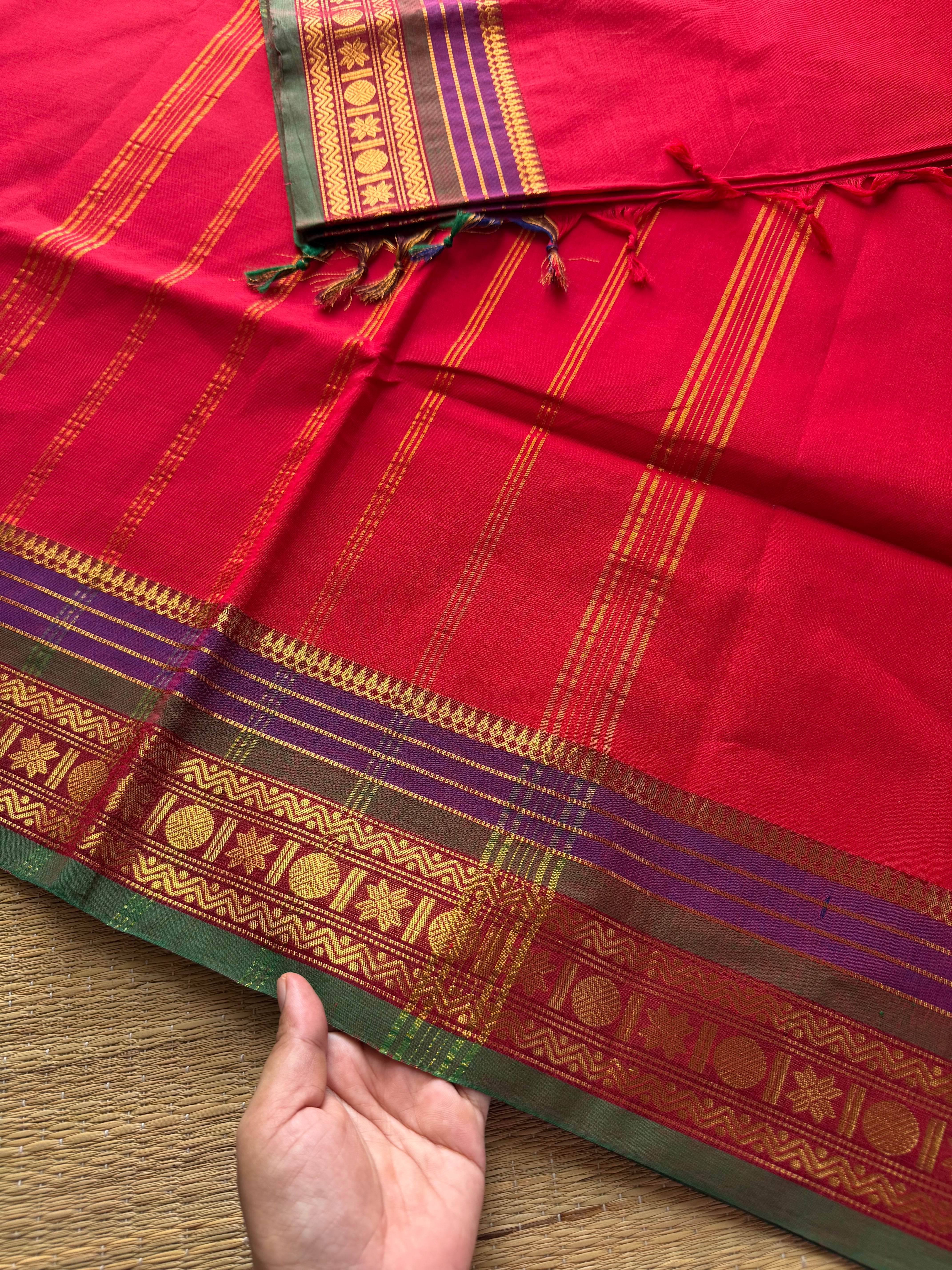 RF397 Red Shade Kanchi Cotton Saree with multi color contrast border