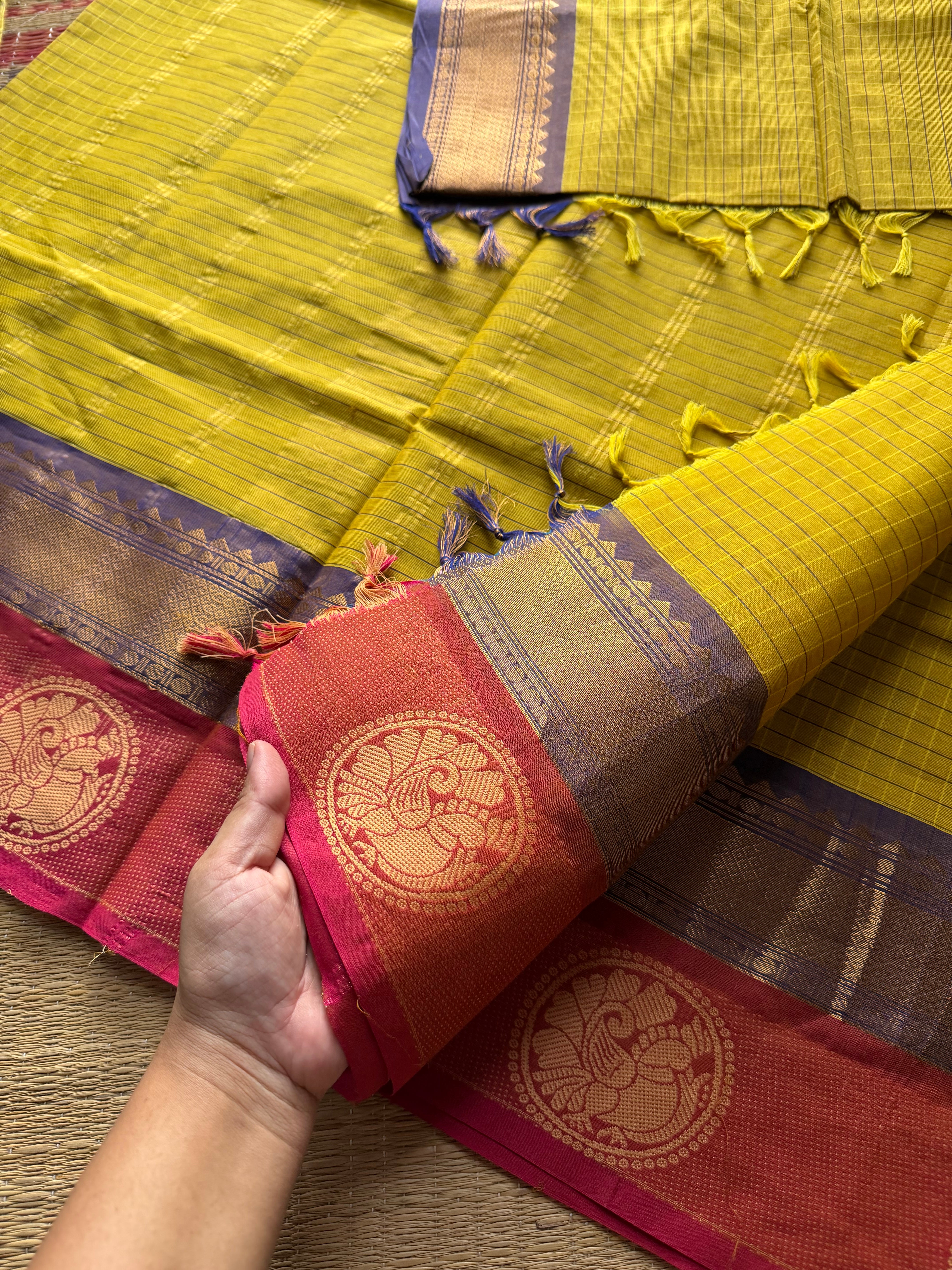 Mustard yellow shade Kattam / checks pattern Kanchi cotton saree with unique Annam pattern border
