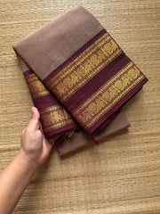 RF507 Biscuit with brown combination Kanchi cotton saree with Annam pattern gap / Rettapet border