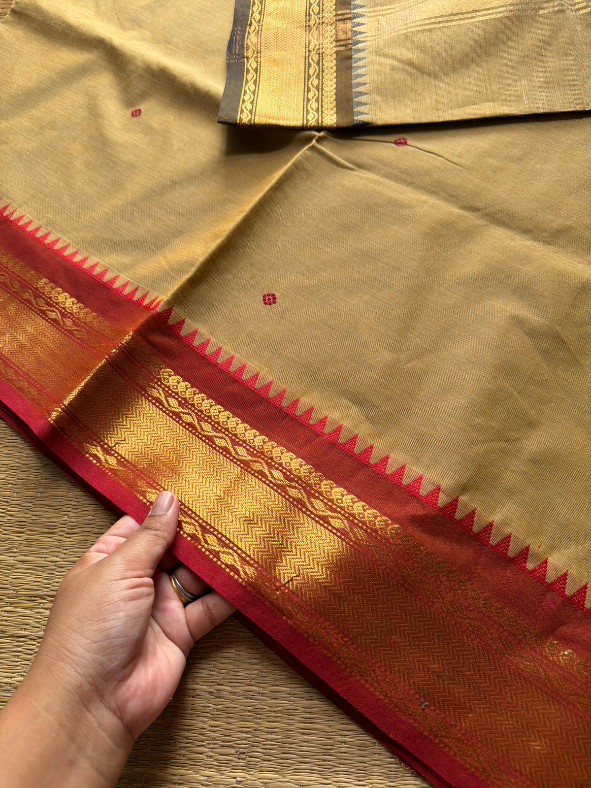 RF906 Beige ~ Kanchi cotton saree with handmade thread buttas & Ganga Jamuna border