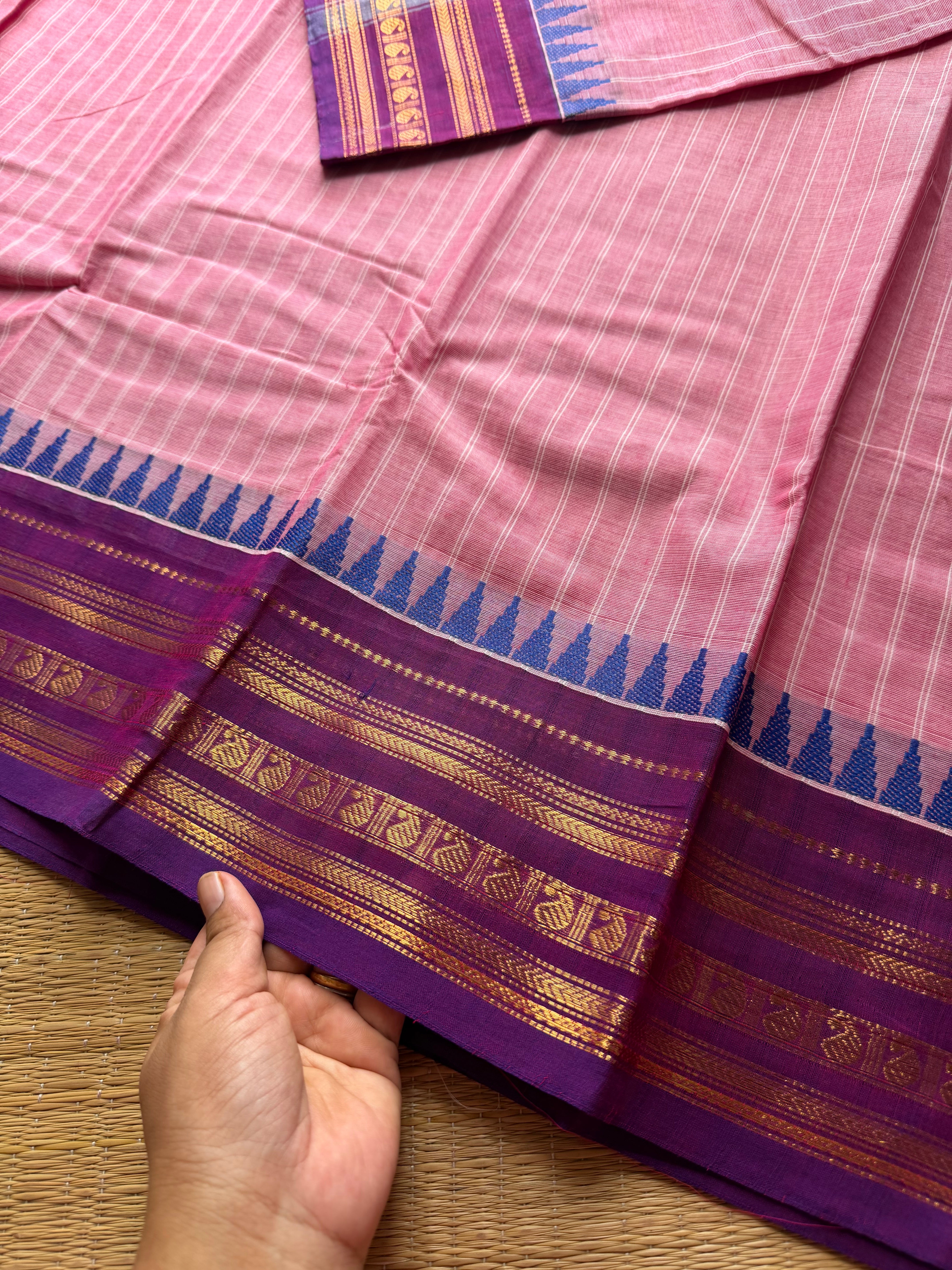 Pastel pink with contrast purple combination Kanchi cotton saree with vertical stripped pattern & mango Zari border