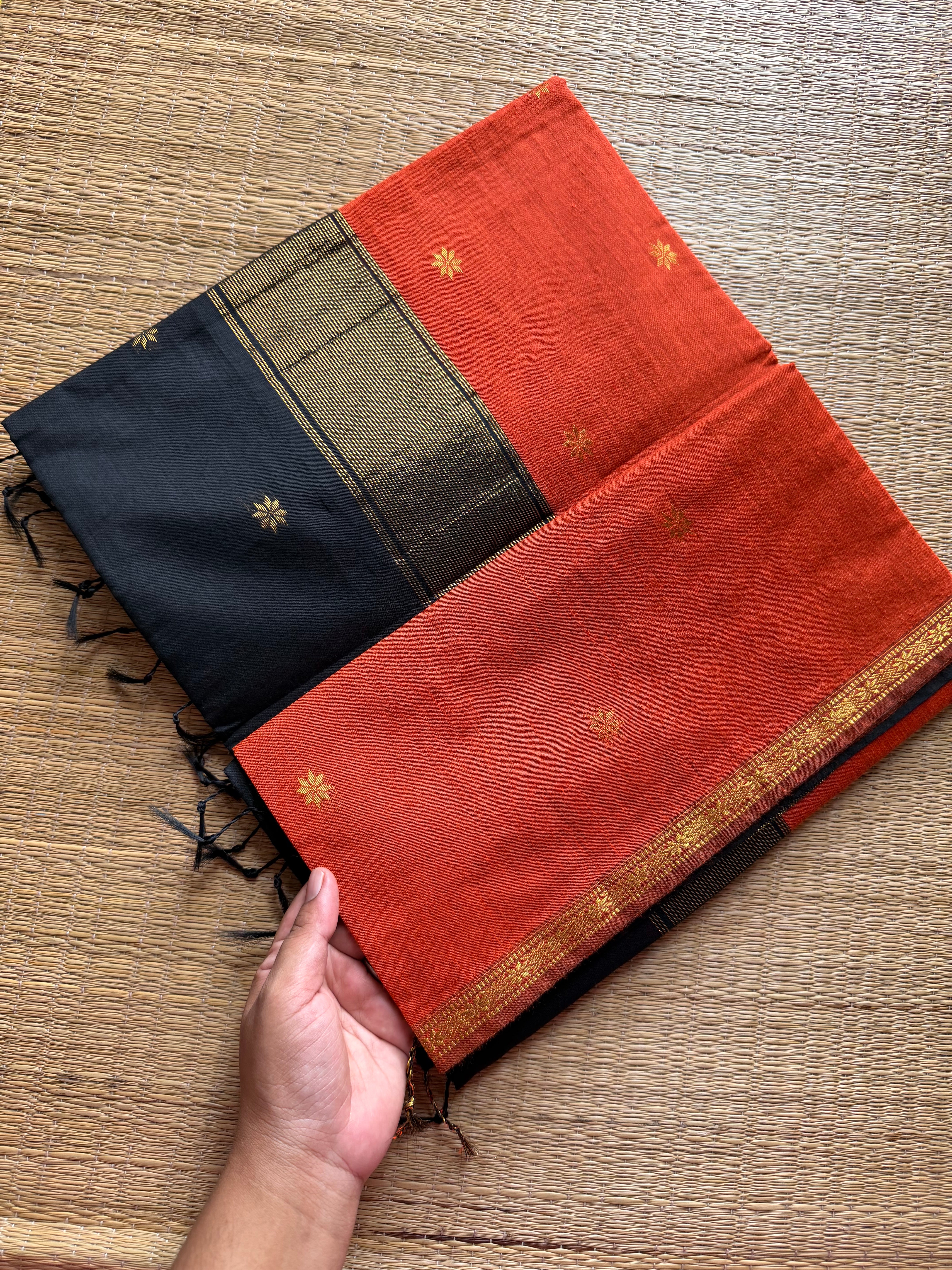 RF182 Orange saree with contrast black Pallu and blouse Maheswari semi silk cotton saree
