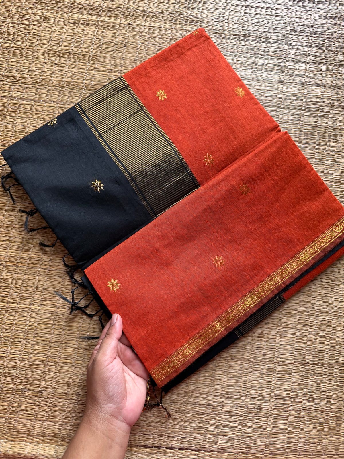 RF182 Orange saree with contrast black Pallu and blouse Maheswari semi silk cotton saree