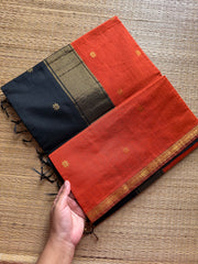 RF182 Orange saree with contrast black Pallu and blouse Maheswari semi silk cotton saree
