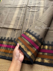 Grey shade l Kanchi Cotton Saree With Contrast & unique multi color border with small Thazhampoo pattern