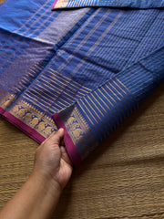 Dual tone royal blue shade Kanchi cotton saree with vaira Oosi pattern & contrast mango Zari border