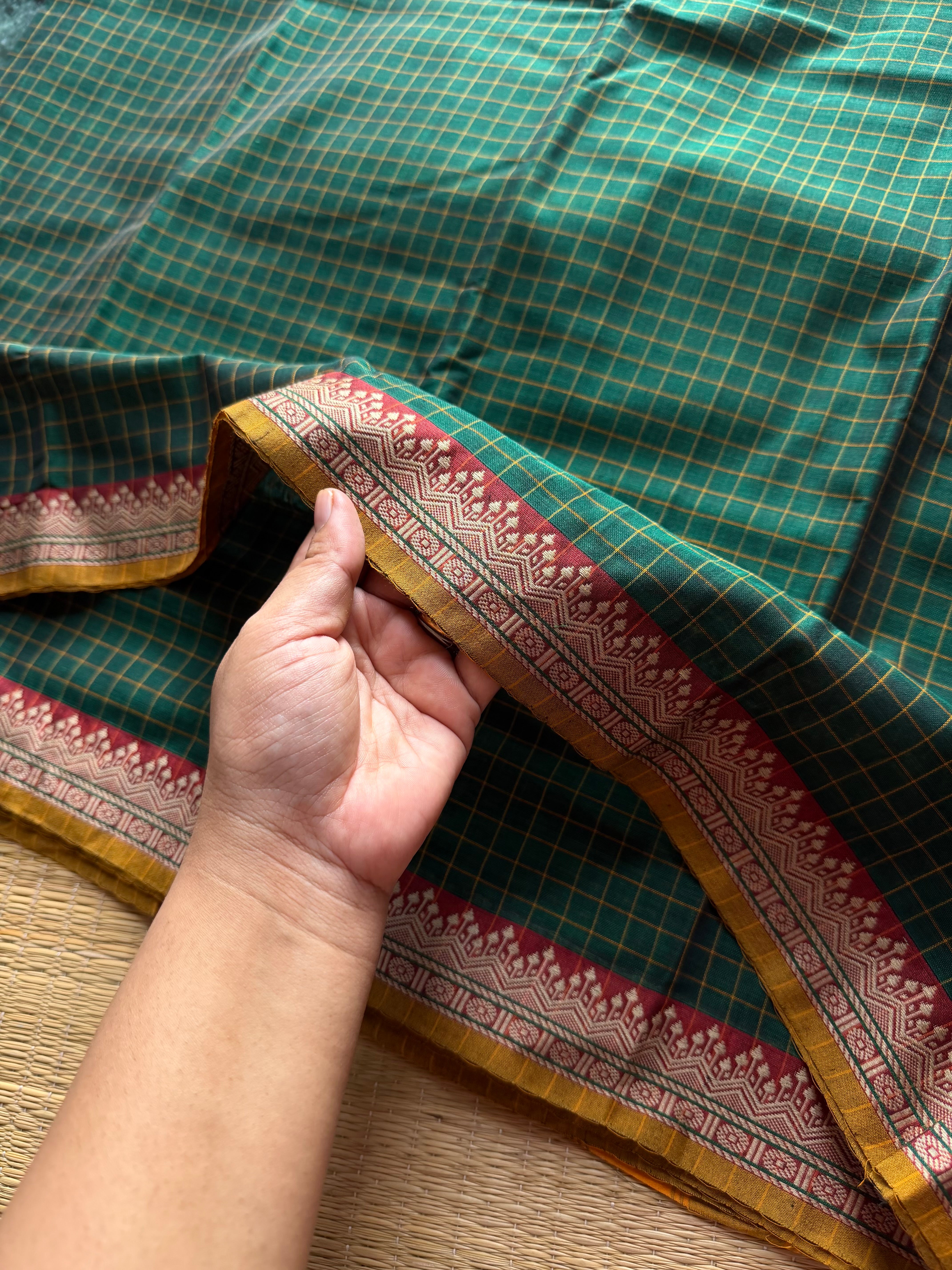 RF526 Dark bottle green Mercerised Narayanpet cotton saree with contrast small border and checks / kattam pattern