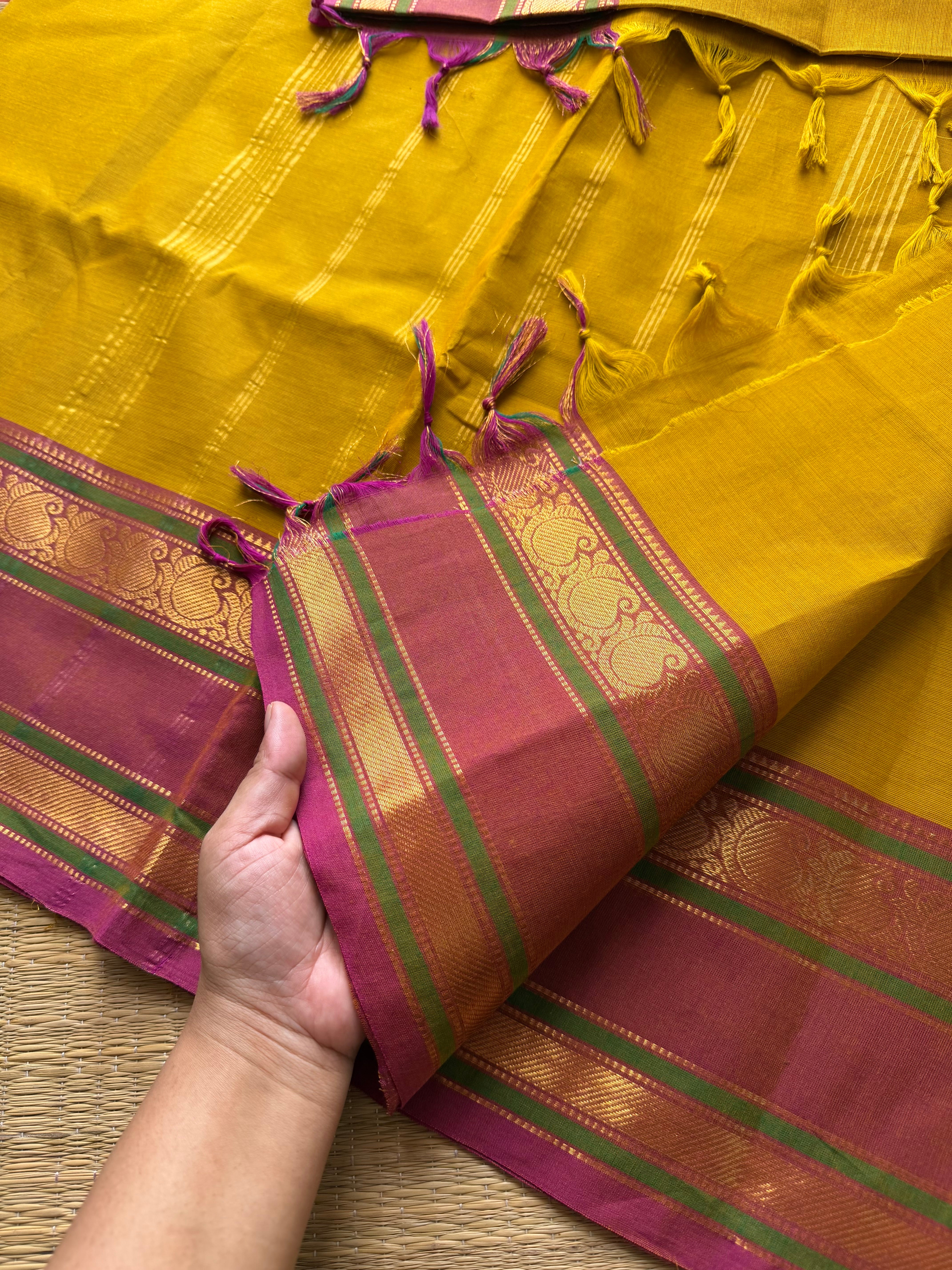 Mustard yellow with pink combination Silk saree inspired Kanchi cotton saree