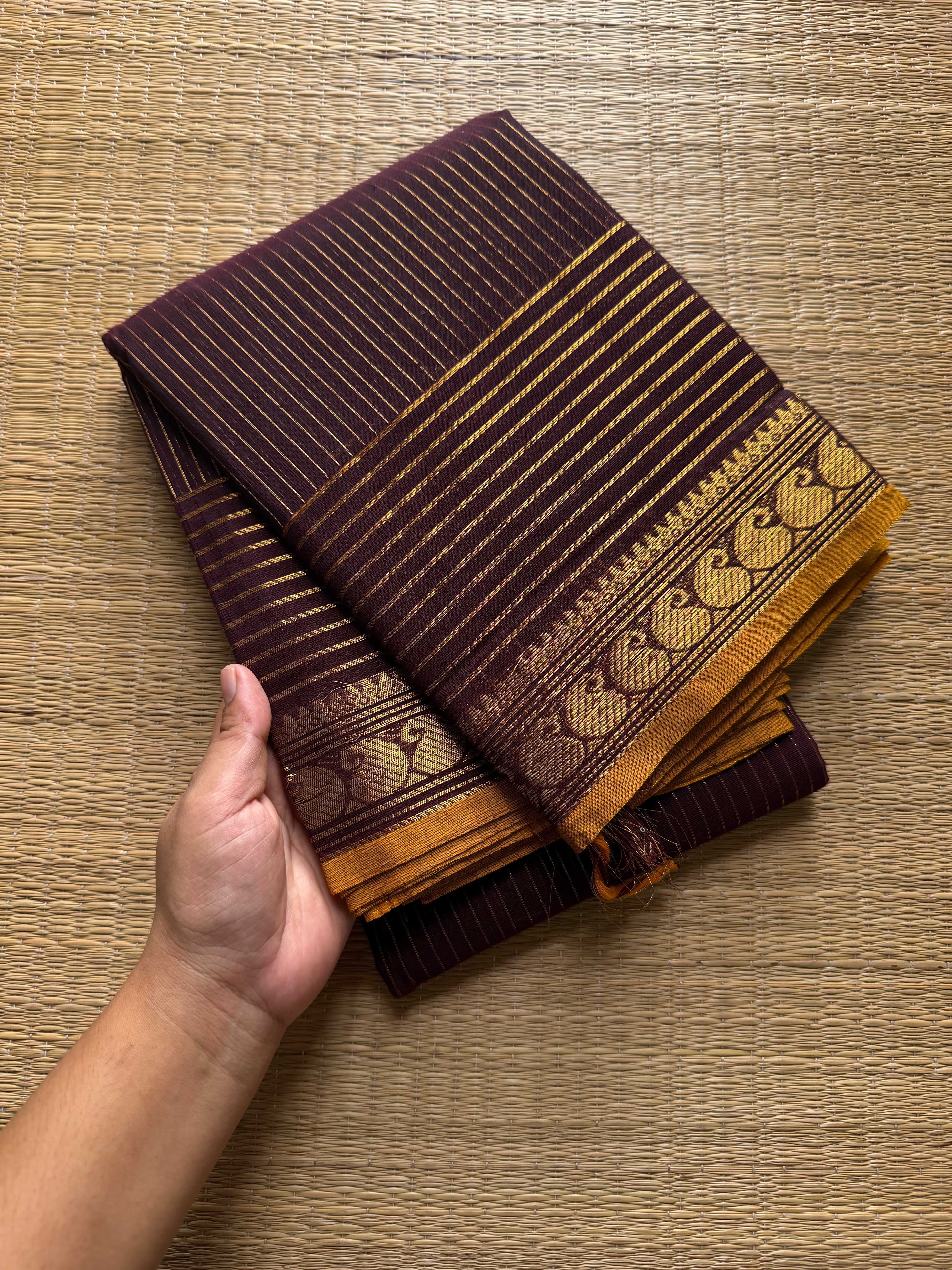 RF582 Coffee brown ~ Vairaoosi pattern Kanchi cotton saree with small contrast mango Zari border