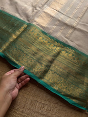 RF1307 Beige with light teal green combination Kanchi cotton saree