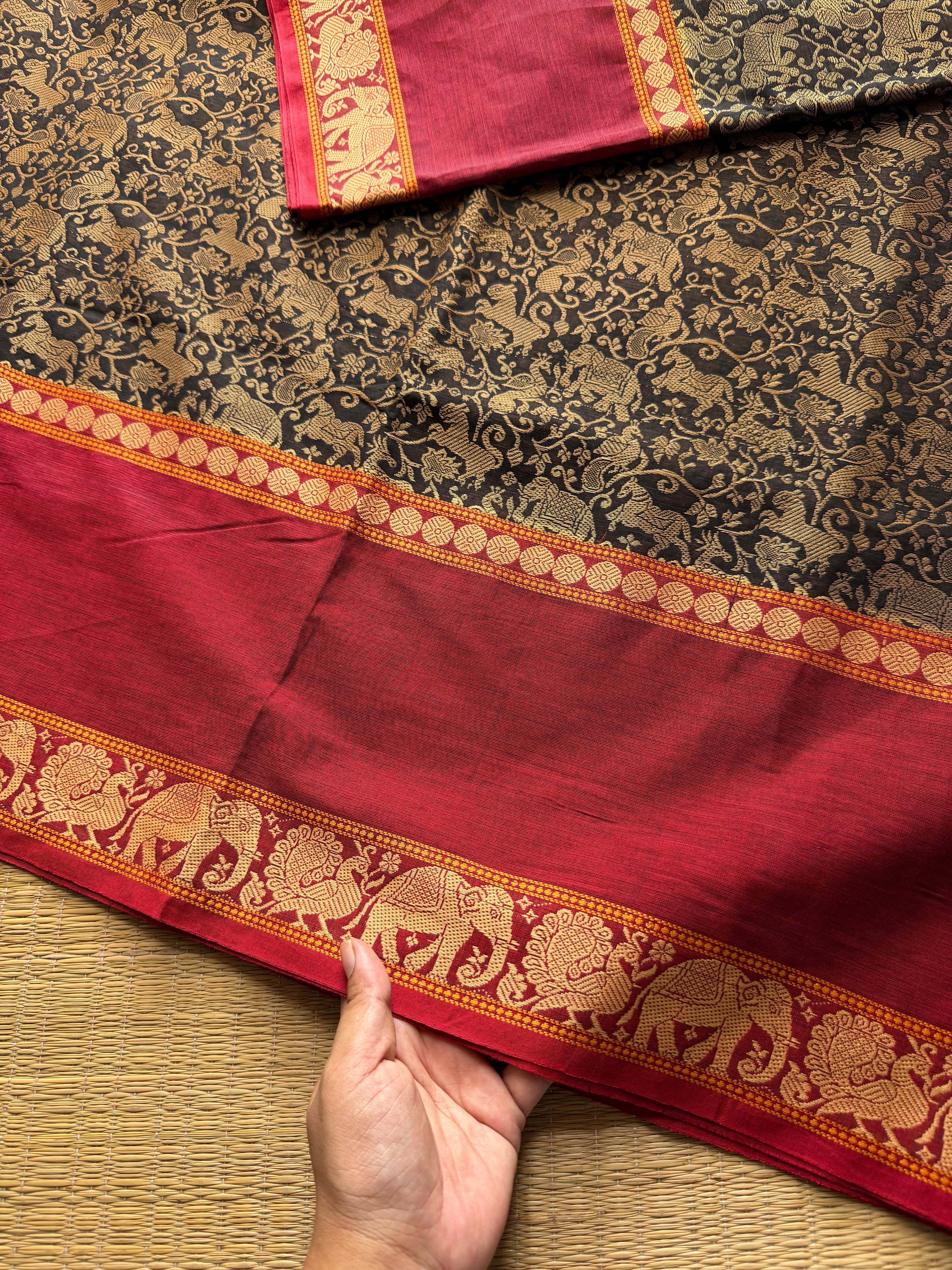 RF657 Premium & Exclusive Vanasingaram Kanchi Cotton saree ~ Black with Red