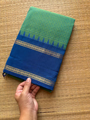 RF400 Dual tone sea green with contrast royal blue combination PodiKattam Kanchi Cotton saree with vintage Rettapet border