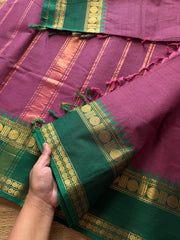 RF435 Grape shade with contrast green combination Kanchi cotton saree