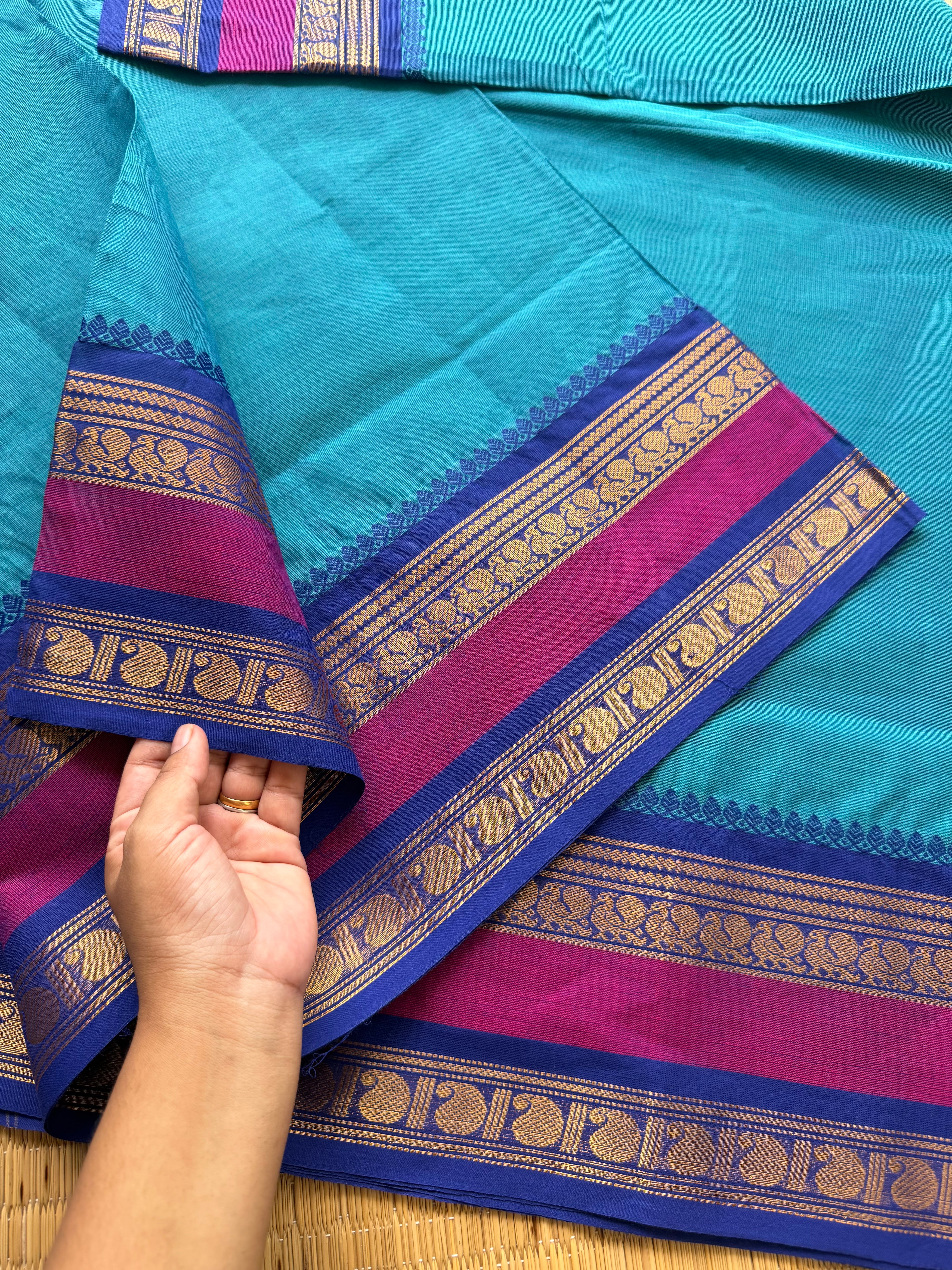 RF147 Peacock blue shade with royal blue and magenta pink combination kanchi cotton saree with Rettapet border