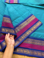 RF147 Peacock blue shade with royal blue and magenta pink combination kanchi cotton saree with Rettapet border