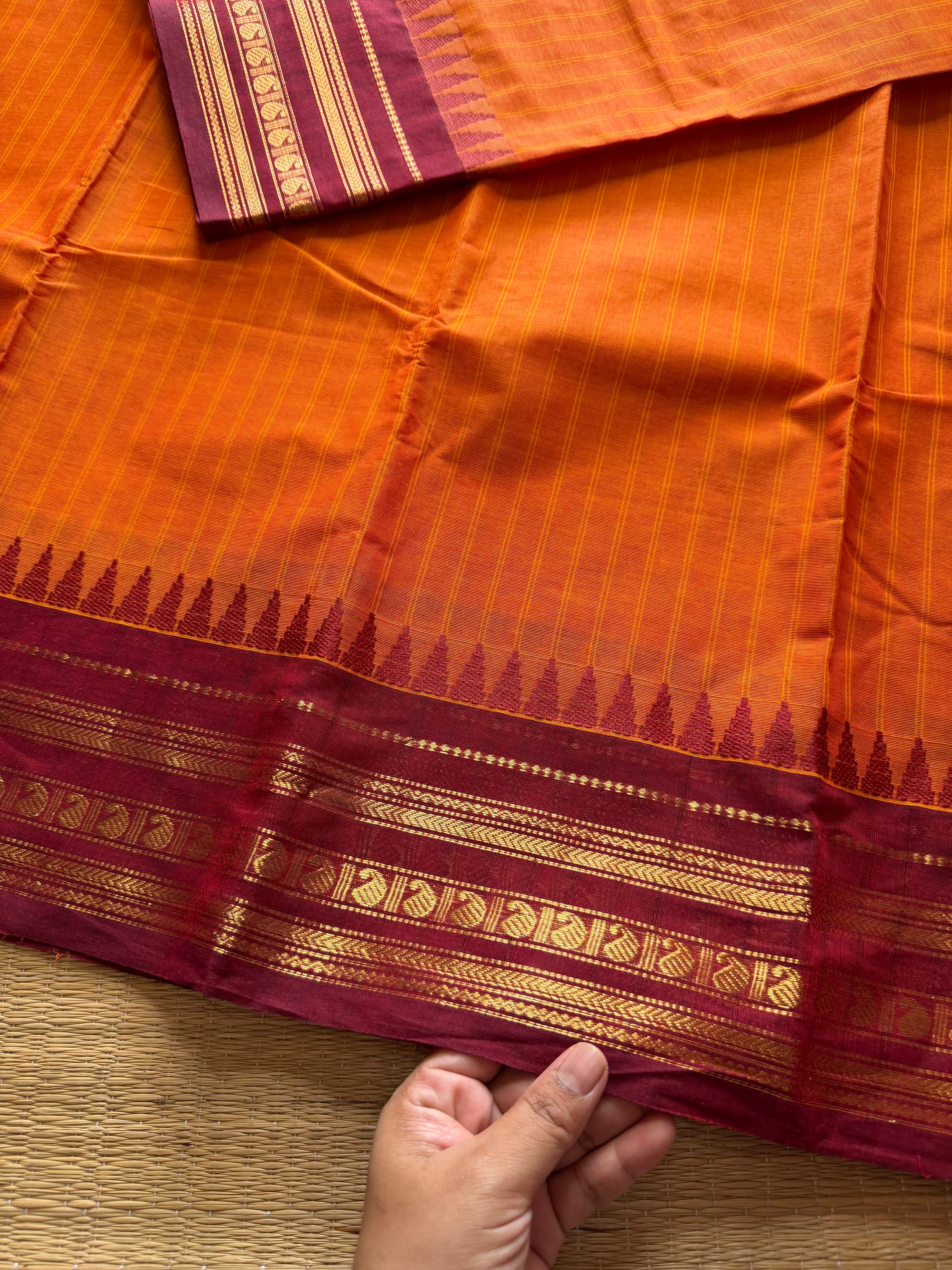 RF323 Orange with maroon combination Kanchi cotton saree with vertical striped pattern & mango Zari border
