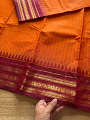 RF323 Orange with maroon combination Kanchi cotton saree with vertical striped pattern & mango Zari border