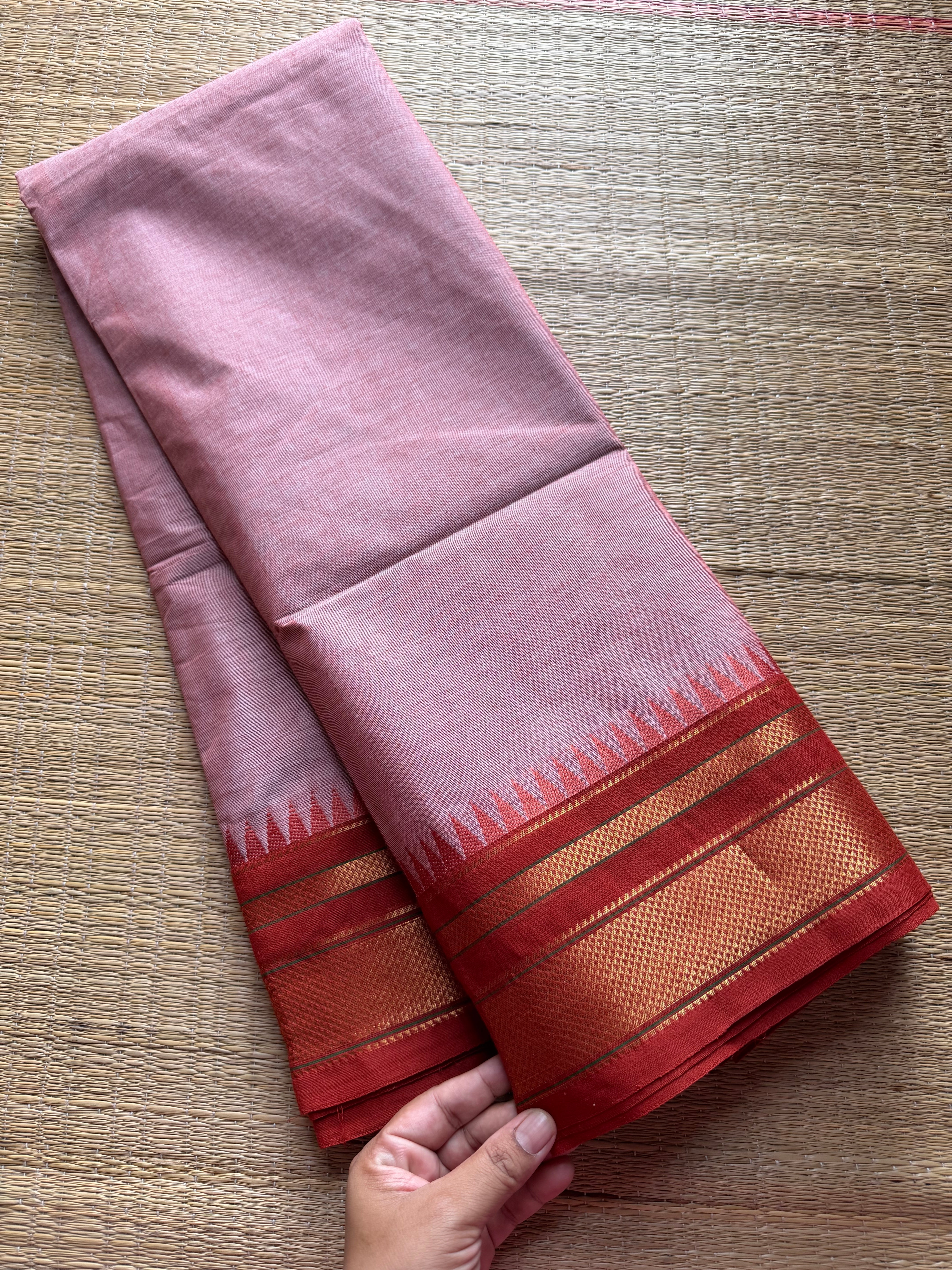 RF189 Peach shade with contrast orange medium size border Kanchi cotton saree