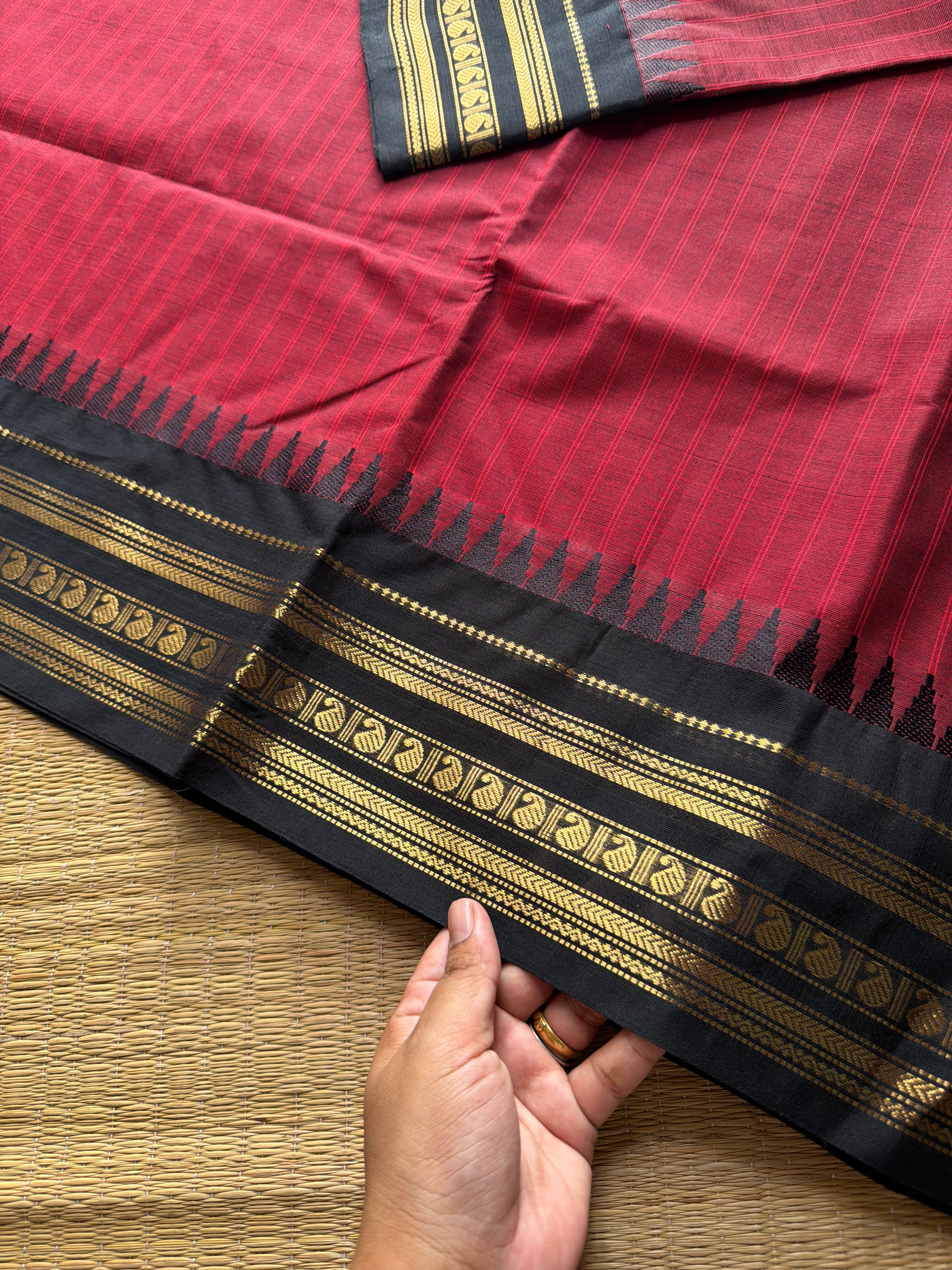 RF741 Maroon with black combination Kanchi cotton saree with vertical stripped pattern & mango Zari border