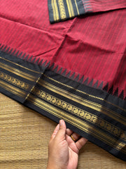 RF741 Maroon with black combination Kanchi cotton saree with vertical stripped pattern & mango Zari border
