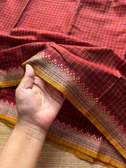 RF525 Maroon shade Mercerised Narayanpet cotton saree with contrast small border and checks / kattam pattern