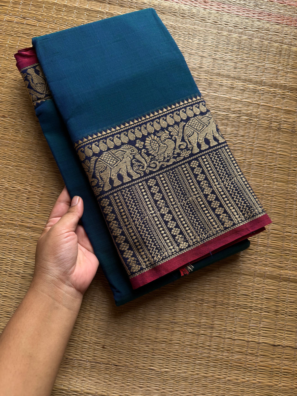 RF1432 Peacock blue shade ~ Mercerised Narayanpet big thread border soft cotton saree
