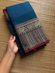 RF1432 Peacock blue shade ~ Mercerised Narayanpet big thread border soft cotton saree