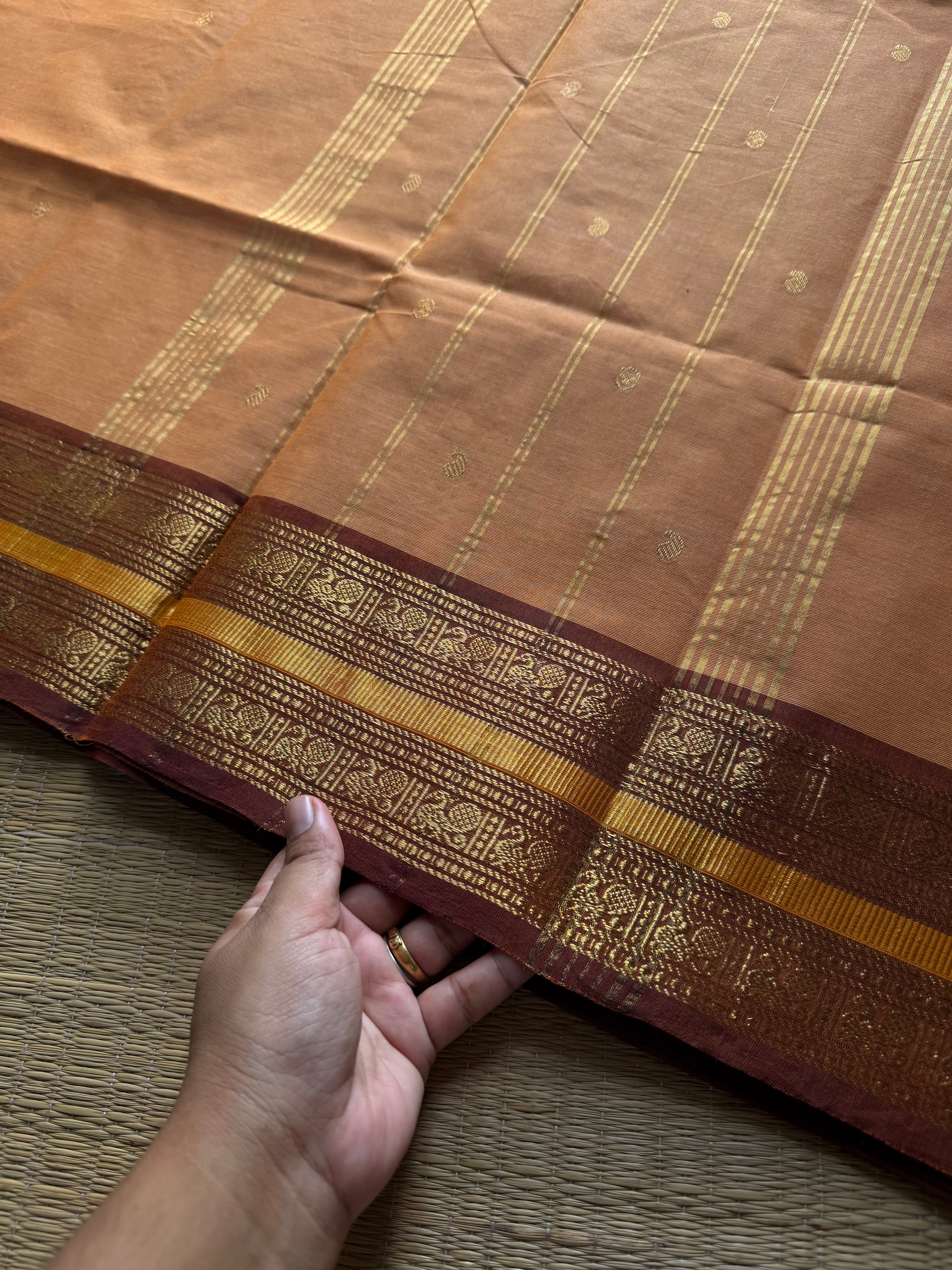 RF729 Beige shade Kanchi cotton saree with handmade golden zari buttas