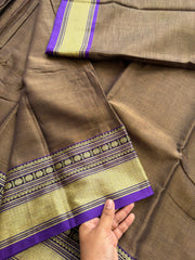 RF151 Grey shade Narayanpet Mercerised cotton saree with purple shade handwoven thread border
