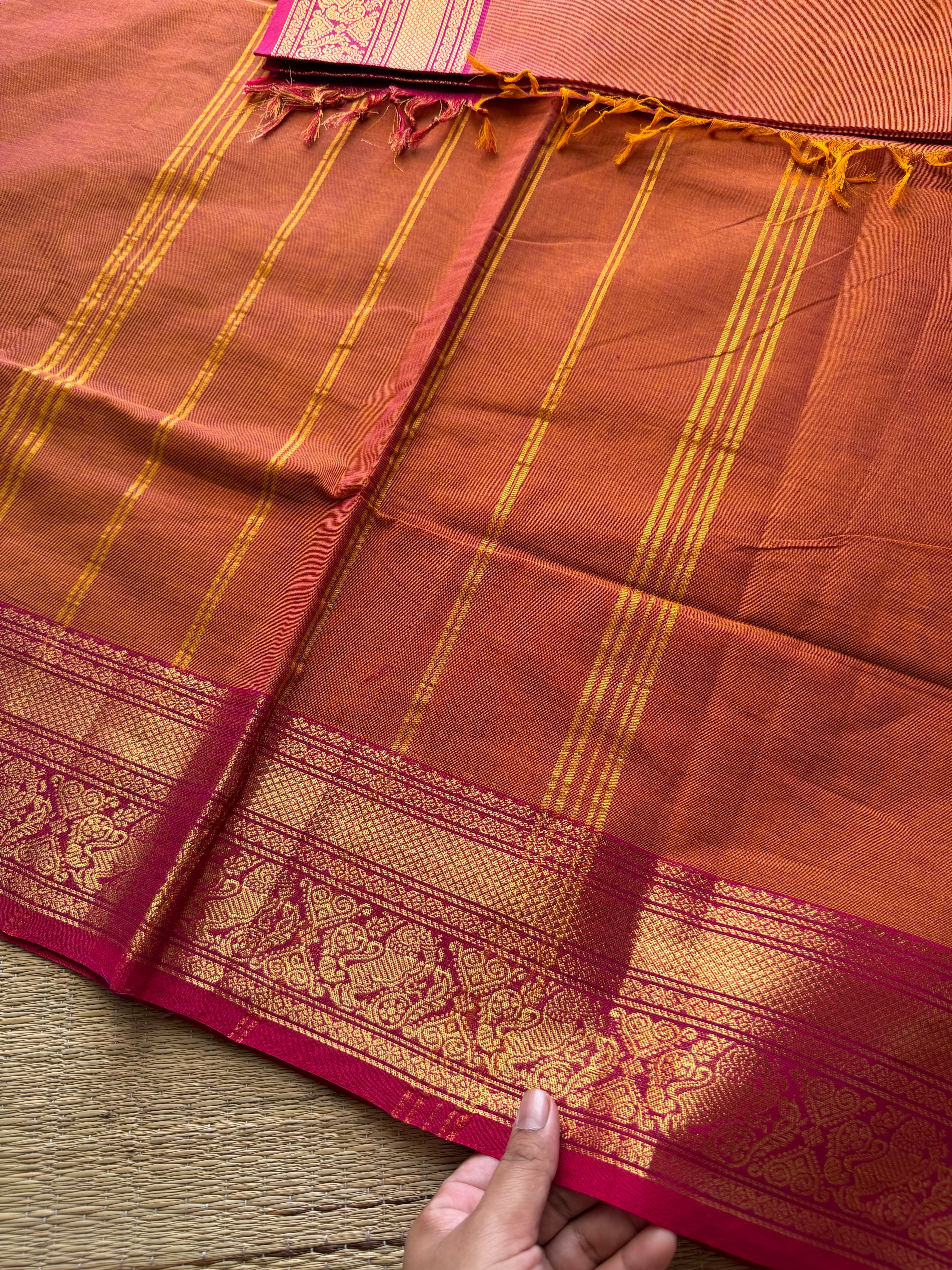 RF327 Dual tone orange shade Kanchi cotton saree with unique Yazhi pattern contrast border