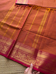 RF327 Dual tone orange shade Kanchi cotton saree with unique Yazhi pattern contrast border