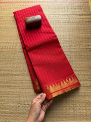 RF43 Classic Monotone Bright Chilli Red Vaira Oosi Pattern Kanchi Cotton Saree small Premium Golden Zari Border - RF43