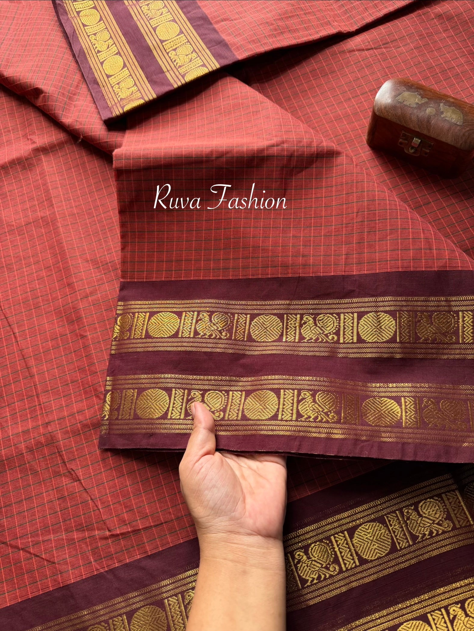 RF72 Rust Orange Shade vintage Checks / Kattam Kanchi Cotton Saree