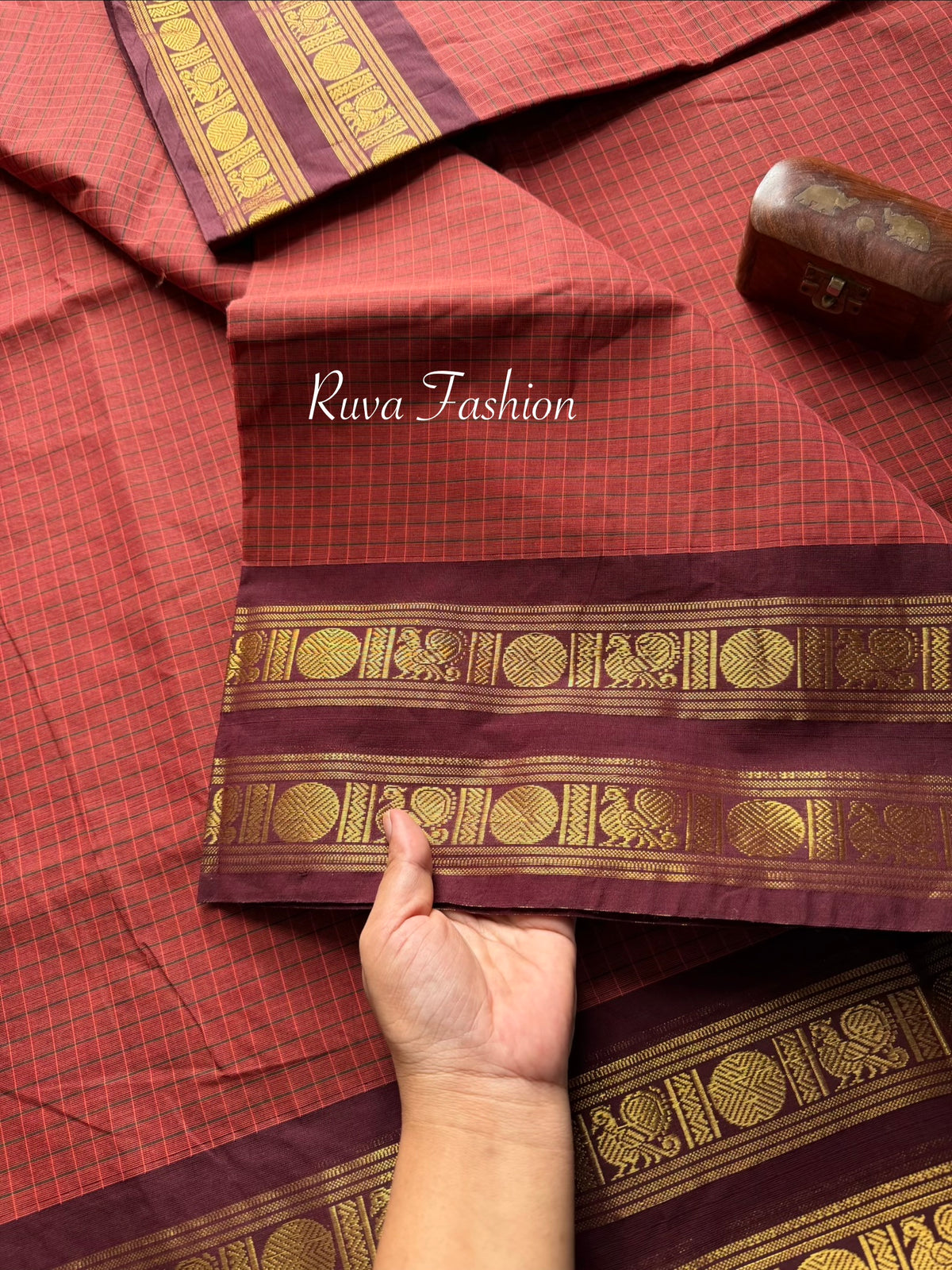 RF72 Rust Orange Shade vintage Checks / Kattam Kanchi Cotton Saree
