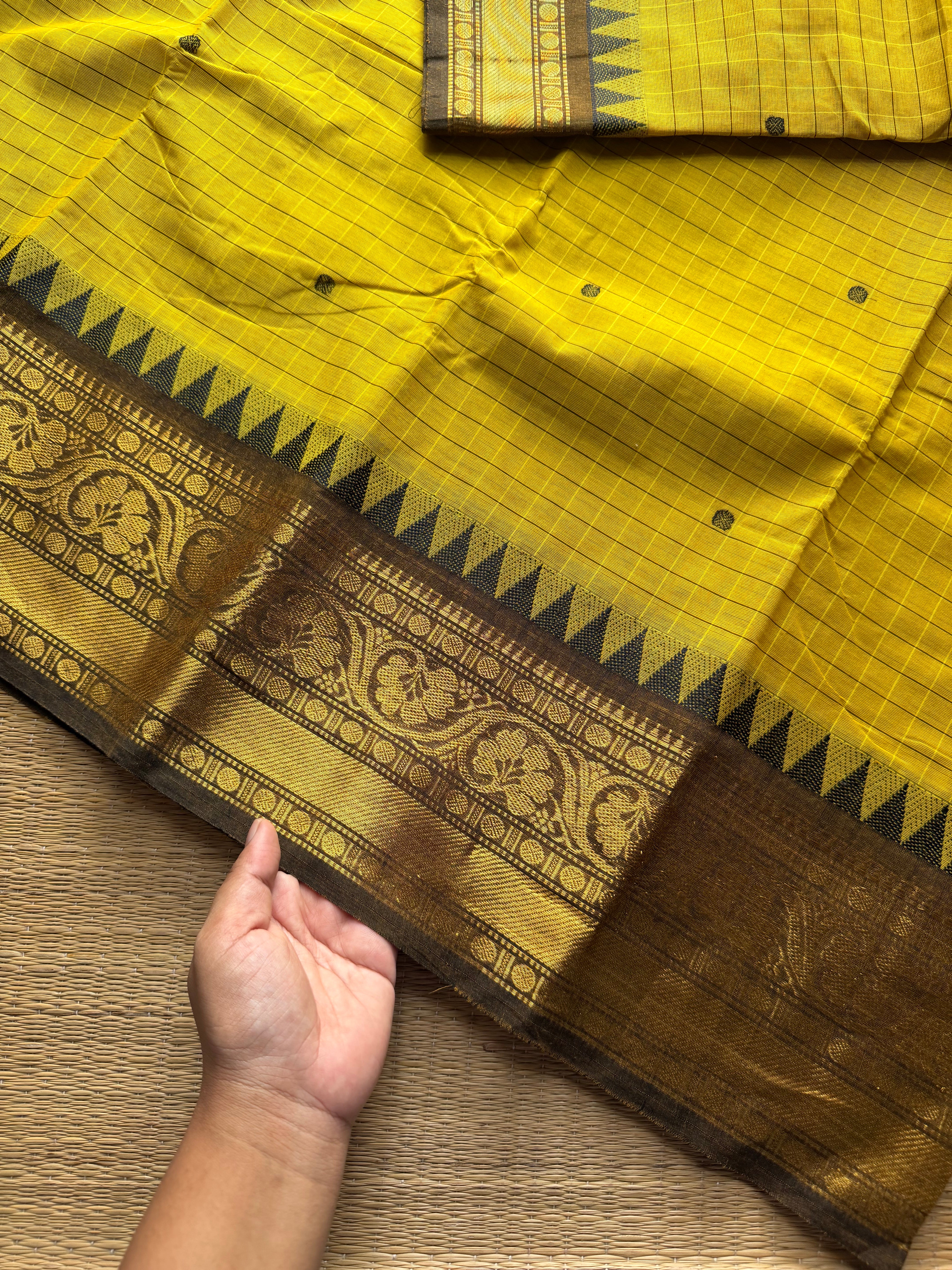 RF985 Yellow Kattam Kanchi cotton saree with handmade thread buttas