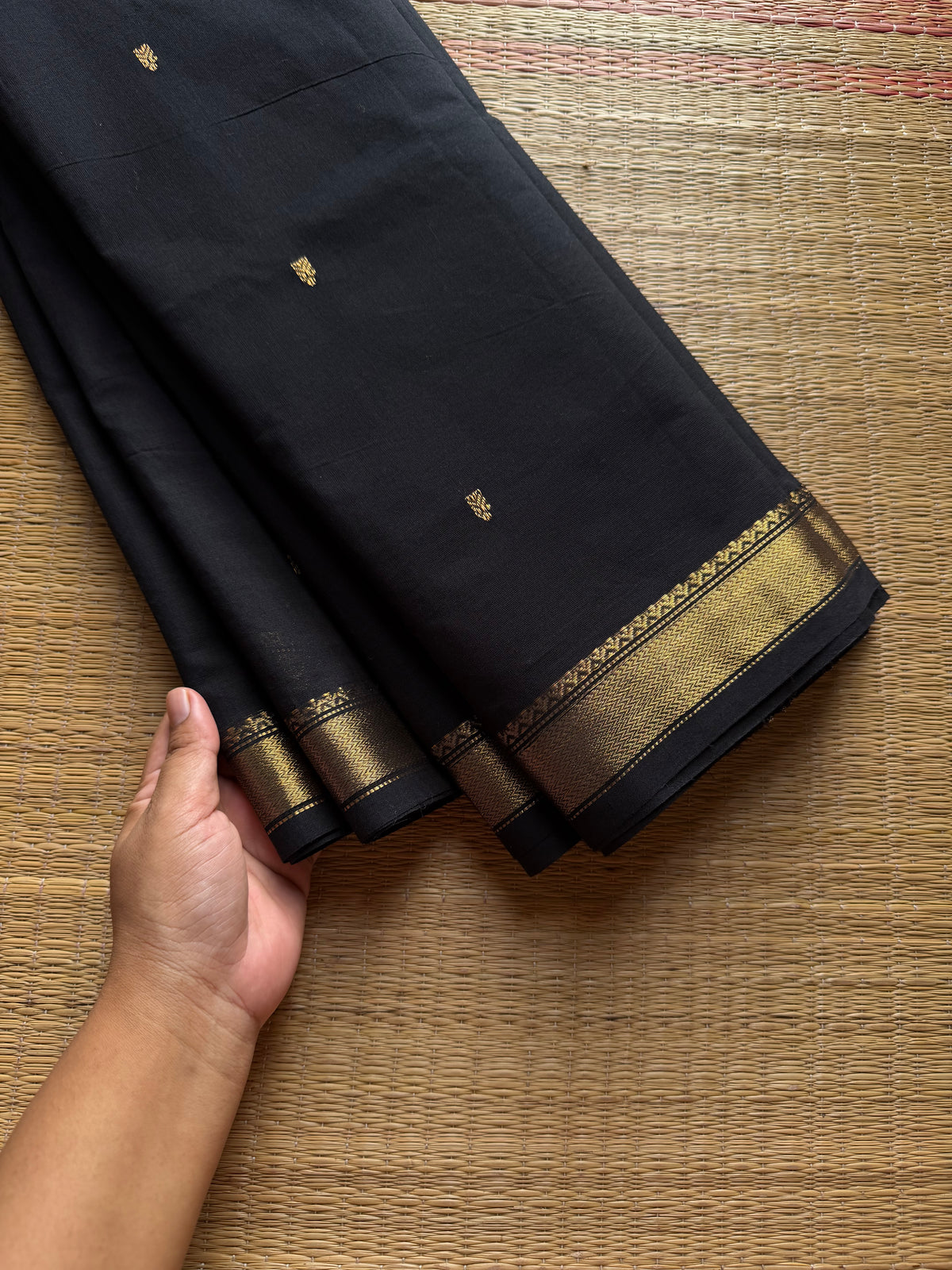 RF996 Black ~ Small border Kanchi cotton saree with handmade golden Zari Buttas