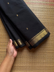 RF996 Black ~ Small border Kanchi cotton saree with handmade golden Zari Buttas