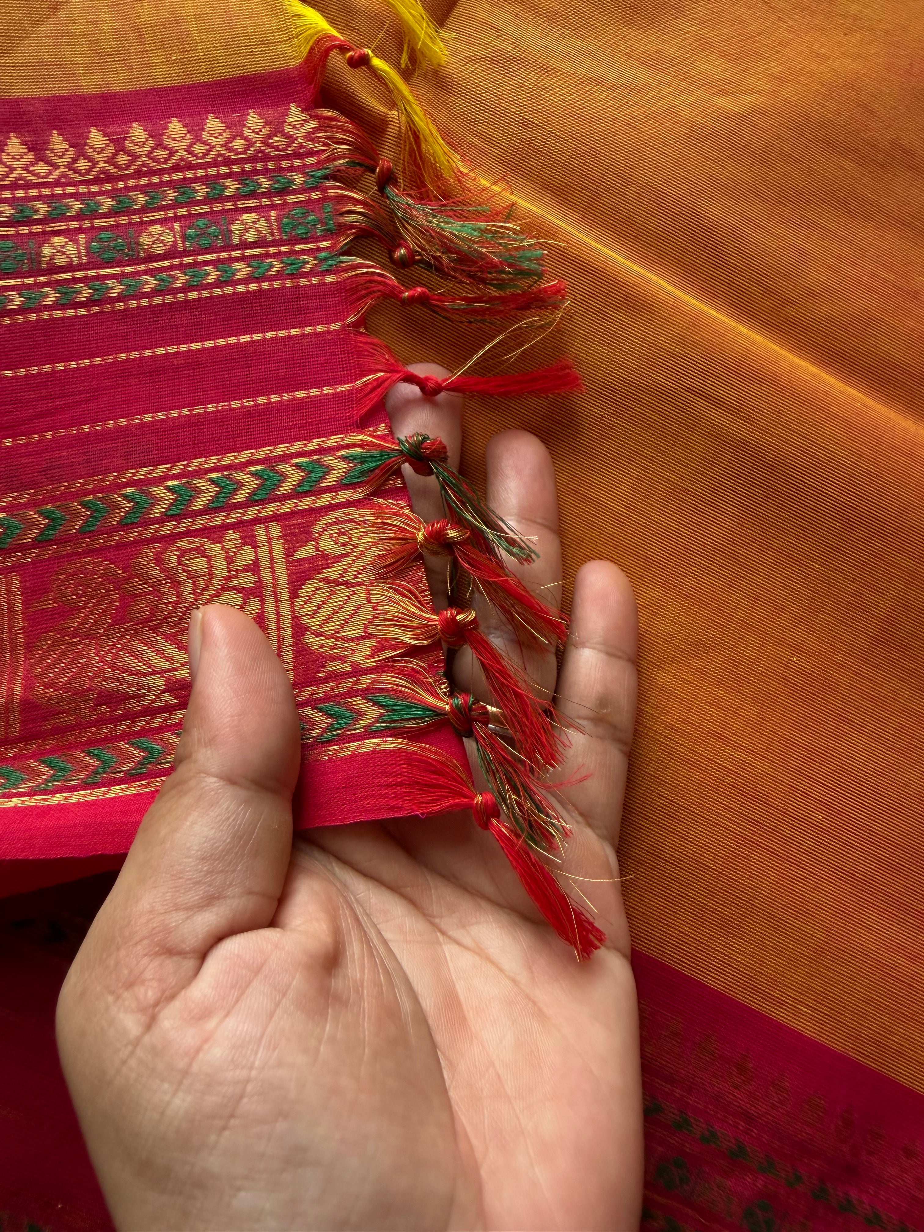 RF551 Mango Shade Kanchi Cotton Saree with contrast Annam pattern unique border