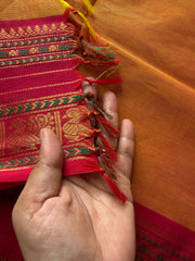 RF551 Mango Shade Kanchi Cotton Saree with contrast Annam pattern unique border