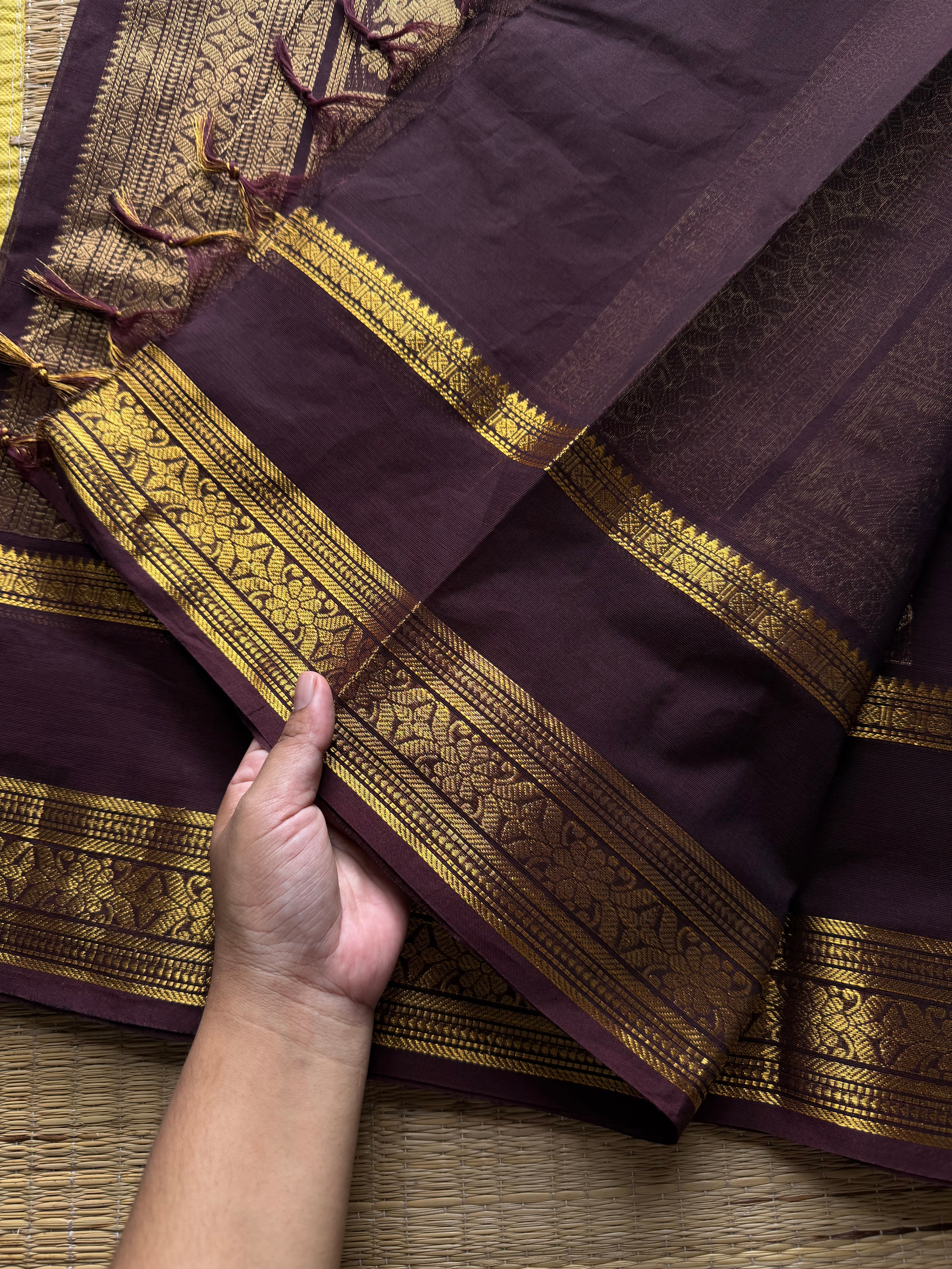 RF728 Premium Rich Pallu Kanchi Cotton Saree ~ Deep Coffee Brown with floral, Annam & Yazhi pattern Zari woven