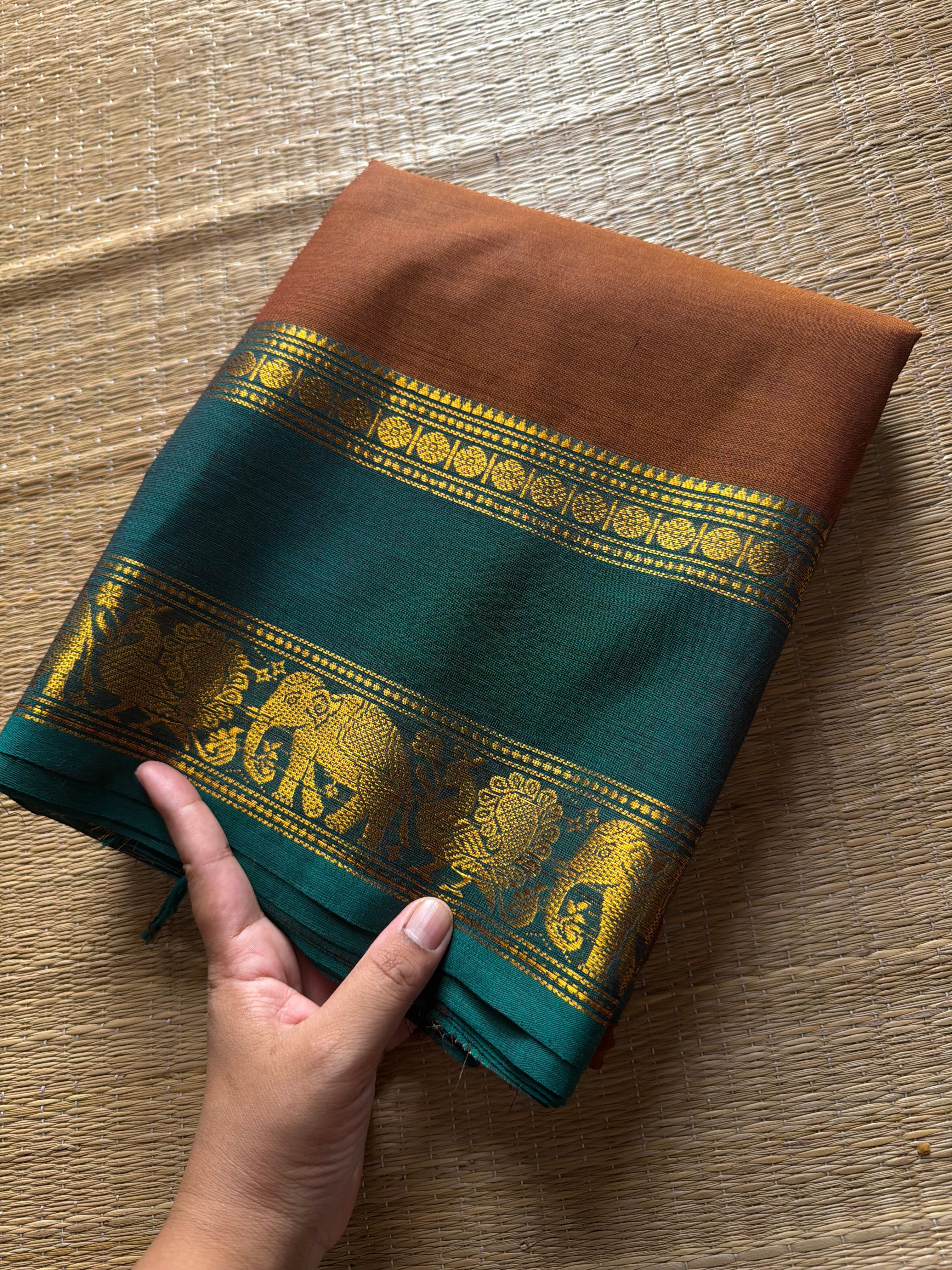 RF414 Rustic Honey Shade With Contrast Teal Green Shade Kanchi Cotton Saree with silk saree inspired Annam and elephant pattern Gap Border