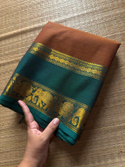 RF414 Rustic Honey Shade With Contrast Teal Green Shade Kanchi Cotton Saree with silk saree inspired Annam and elephant pattern Gap Border