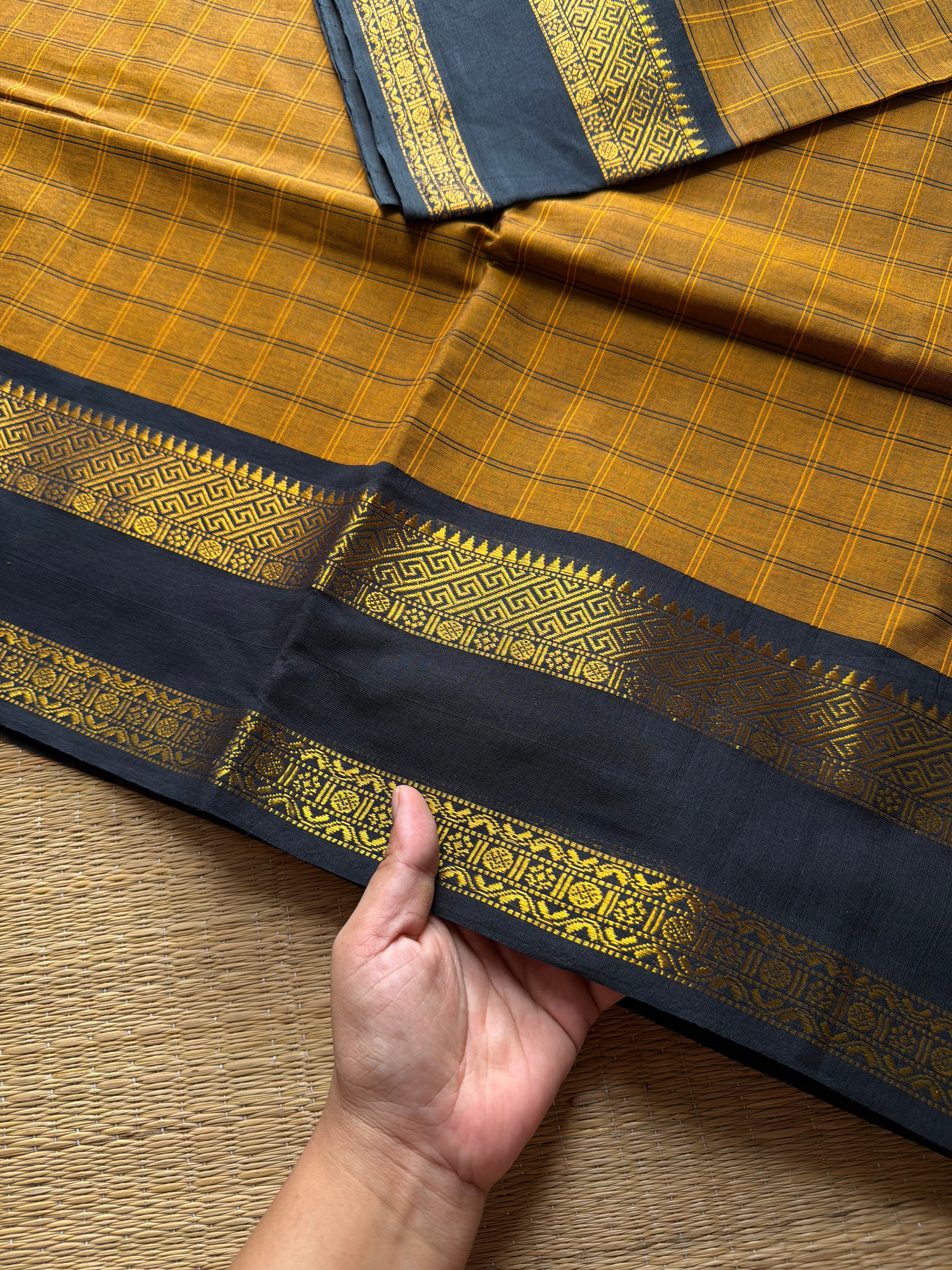 RF529 Mustard with black combination premium Kanchi Kattam / Checks Pattern saree