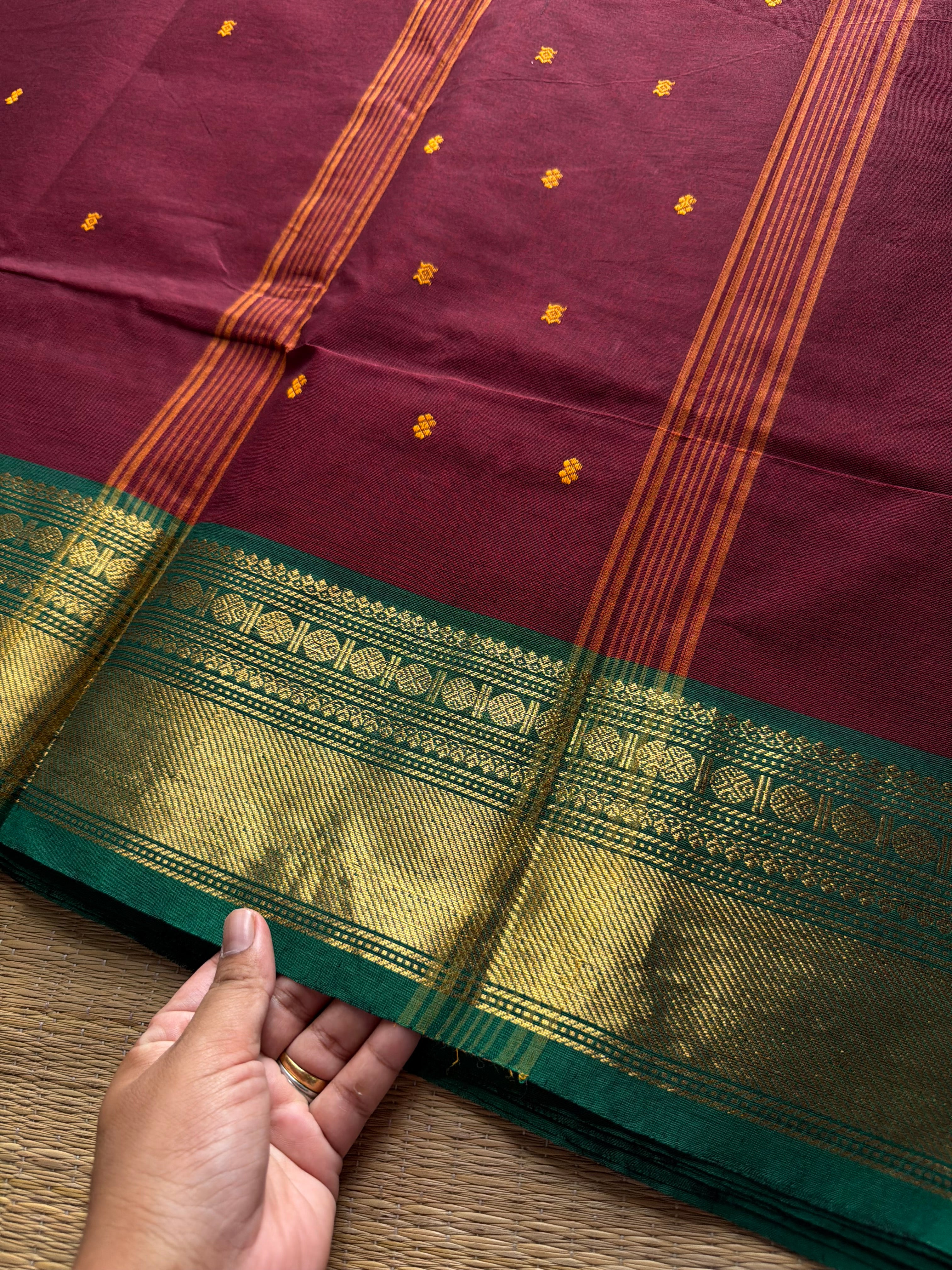 RF756 Maroon shade kanchi cotton saree with handmade thread buttas