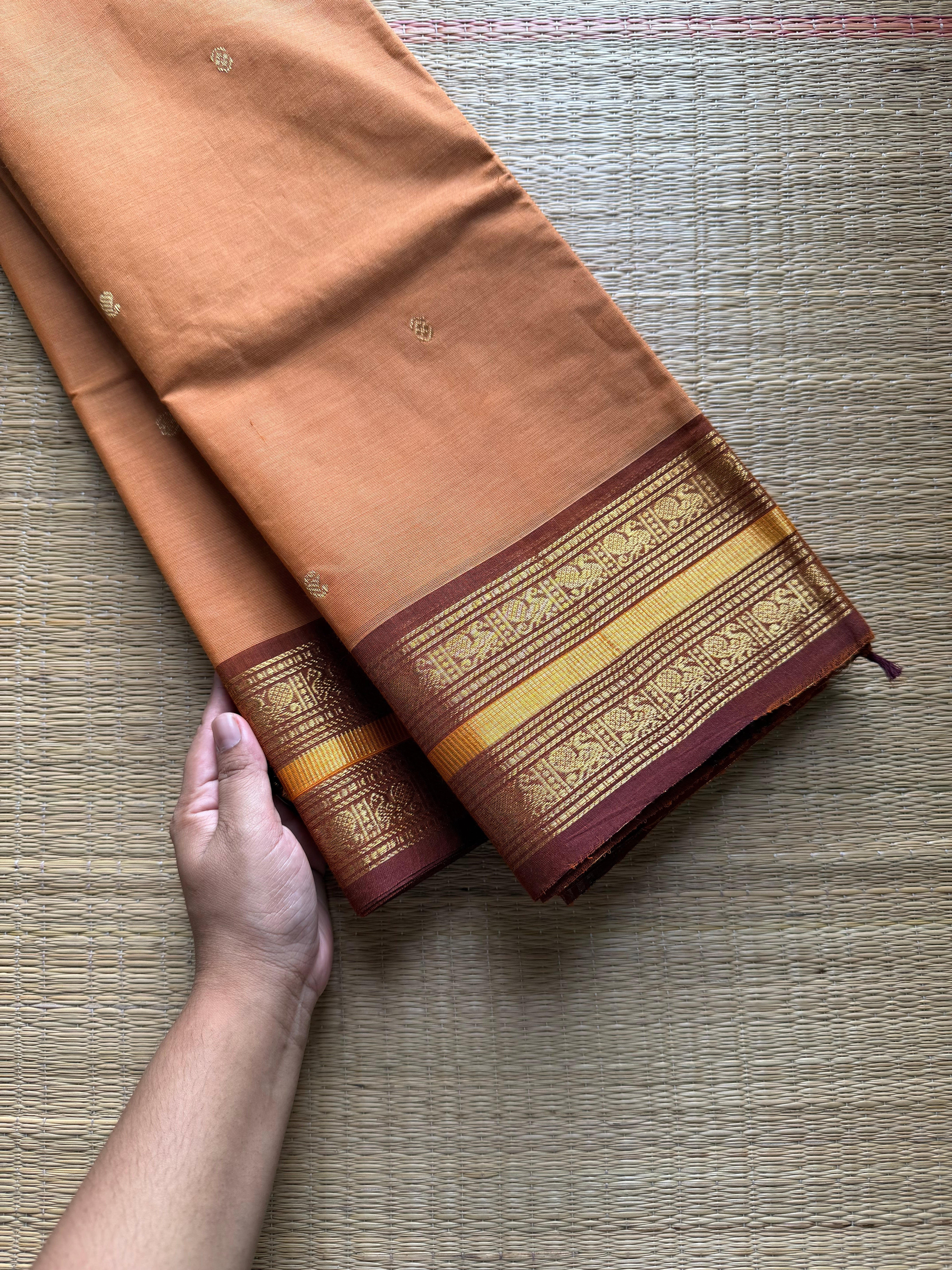 RF729 Beige shade Kanchi cotton saree with handmade golden zari buttas