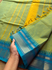 RF188 Apple green shade with contrast sky blue combination medium size Kanchi cotton saree